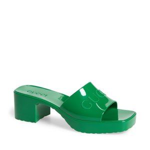 Gucci Rubber Logo Platform Slides in Shamrock